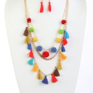 Statement Long Multicolor Layered Tassel/Cotton Ball Necklace Set Gold Tone